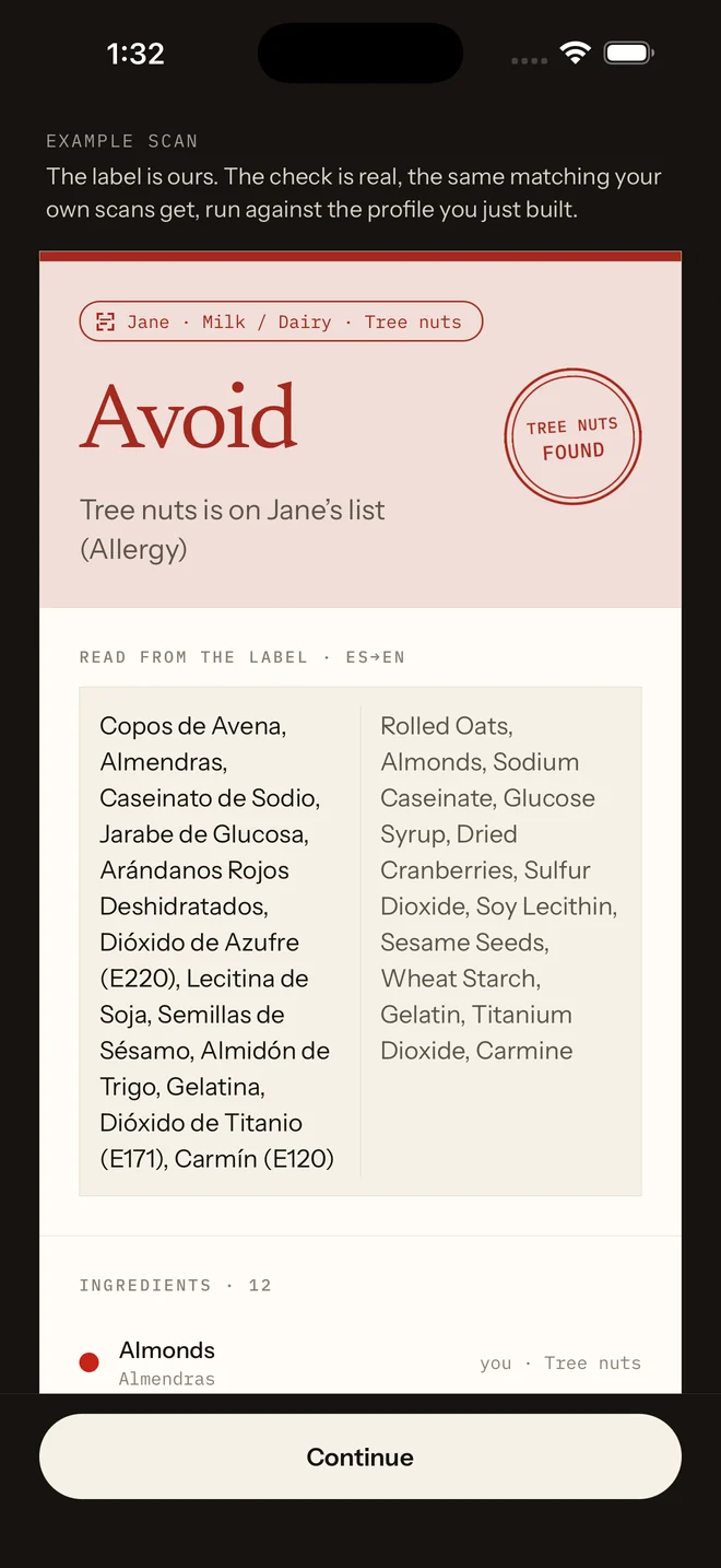 A Revely verdict card reading Avoid because tree nuts are on the profile’s list, with the printed Spanish label beside its English translation.