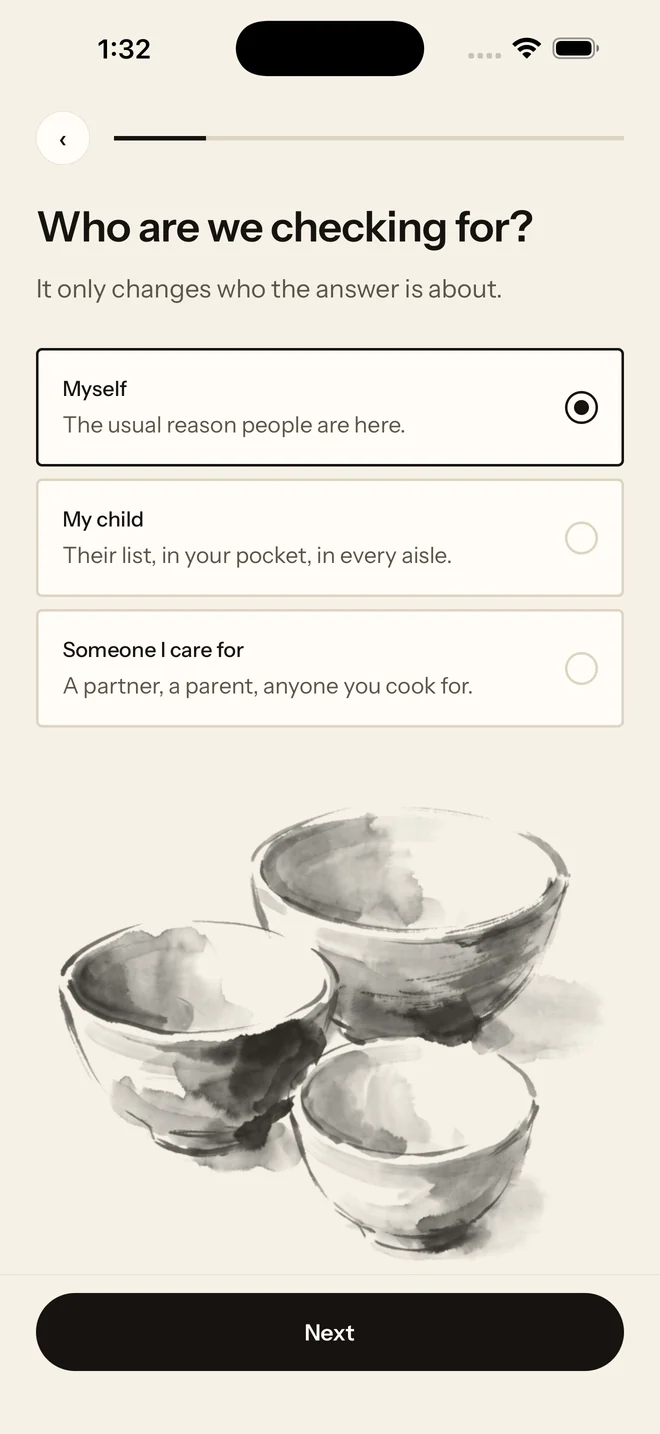 A Revely screen asking who the profile is for, offering yourself, your child, or someone you care for.