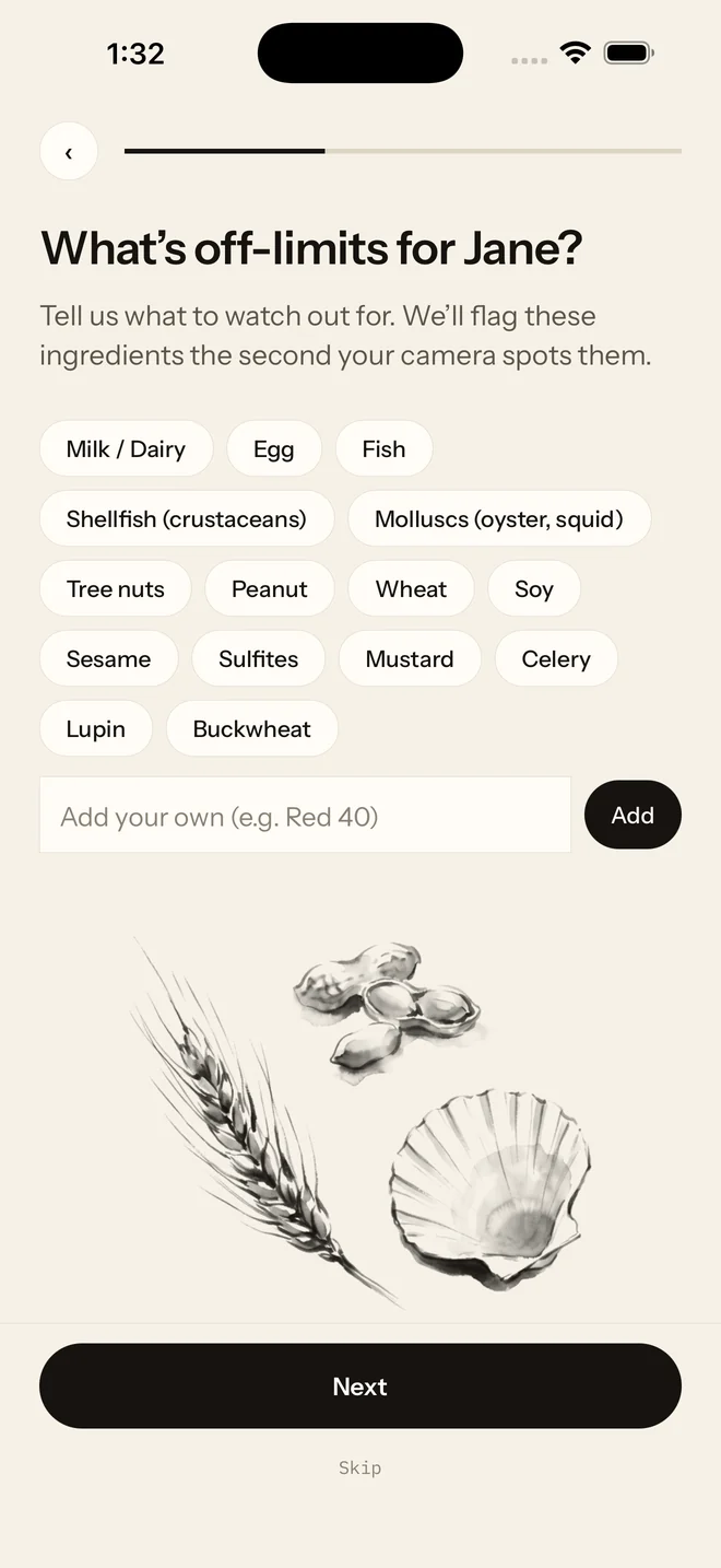 A Revely screen listing allergens as tappable chips, headed with the question of what is off-limits for this profile.